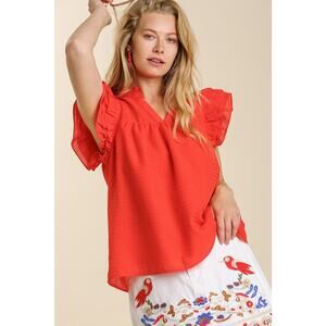 Umgee Red Ruffle Sleeve Split Neck Blouse Lightweight Top Sz S - NWT